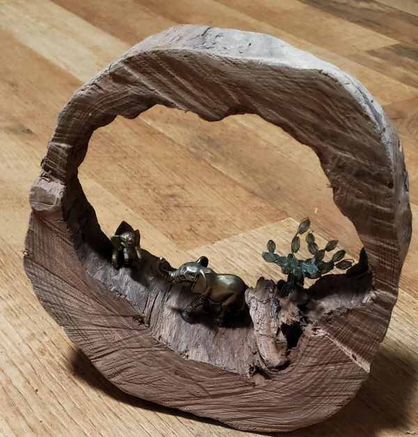 Rustic elephant decor, hollowed log with scenery