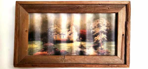 Vintage framed painting of a church on metal